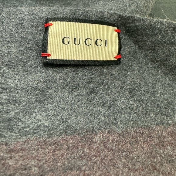 Auth Gucci Wool Cashmere Gray Red Striped Scatf Wrap Stole Muffler Ex+ - Picture 11 of 13